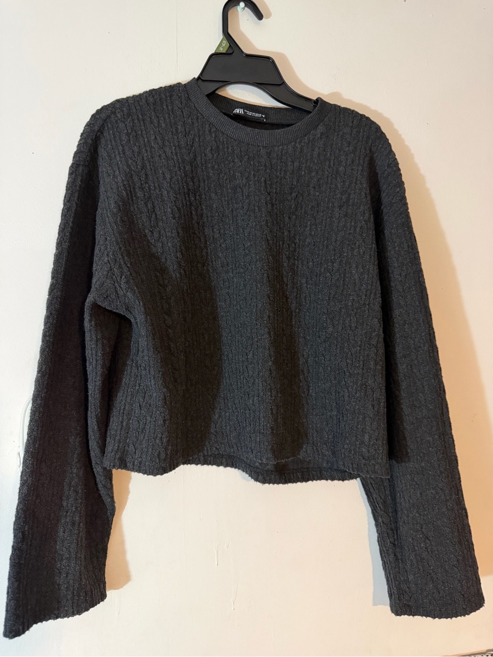 ZARA Women's M Gray Cable-Knit Crew-wool & alpaca blend Cropped Pullover Sweater